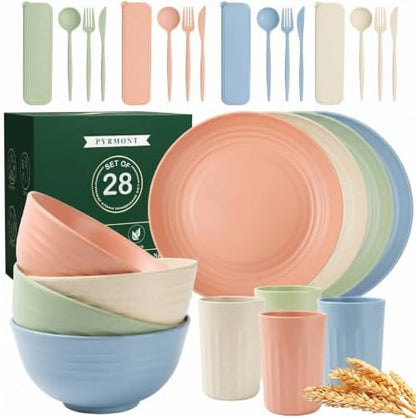 PYRMONT Plates and Bowls Set 28 Pcs Wheat Straw Dinnerware Set(Multilight)