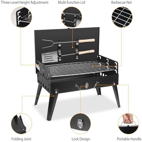 Portable Charcoal Grill for Outdoor Cooking–Foldable BBQ Grill with Adjustable Height, Removable Ash Catcher & Compact Storage Bag, Ideal for Camping, Picnics, Backyard Grilling, 16.7x10x17.7in
