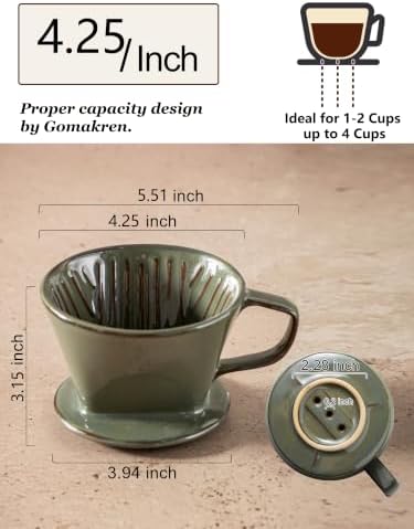 Gomakren Ceramic Pour Over Coffee Dripper, 3-Hole Cone Brewer, Olive Green