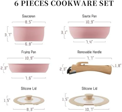 ShanSon 6 Pieces Kitchen Non-Stick Cookware Sets with Removable Handle, Stackable Pots and Pans Set Nonstick for Induction Gas RVs Camping Space Saving，Pink