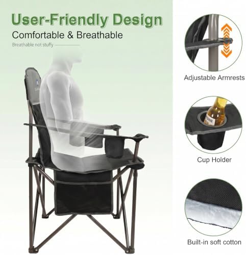 Oversized Camping Chairs 2 Pack - Heavy Duty 400LBS Padded Lawn Chair with Cooler Bag,Cup Holder,Side Pocket,Collapsible for Outdoor,Camp,Fishing & Garden,Black