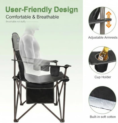Oversized Camping Chairs 2 Pack - Heavy Duty 400LBS Padded Lawn Chair with Cooler Bag,Cup Holder,Side Pocket,Collapsible for Outdoor,Camp,Fishing & Garden,Black