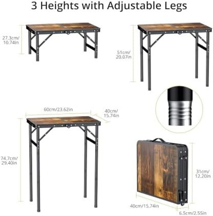 Anbte 2ft Folding Camping Table, 3 Adjustable Height 29.5", Rustic Brown