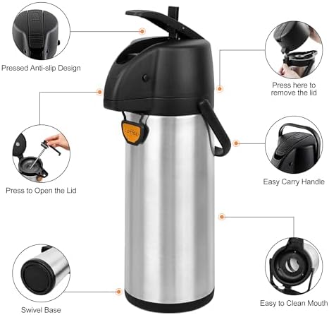 TOMAKEIT Airpot Coffee Dispenser Thermal with Pump,3L/102 Oz Insulated Stainless Steel Large Airpot Coffee Carafe Lever Action for Hot/Cold Water,Thermal Carafe for Hot Cocoa for Parties