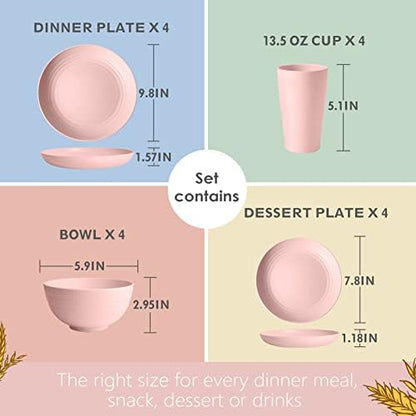 Teivio 16-Piece Kitchen Plastic Wheat Straw Dinnerware Set, Service for 4, Dinner Plates, Dessert Plate, Cereal Bowls, Cups, Unbreakable Plastic Outdoor Camping Dishes,Pink