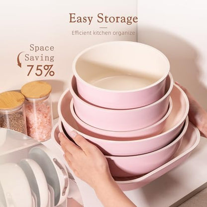 Astercook 23 Pcs Pots and Pans Set Non Stick, Ceramic Cookware Set Detachable Handle, RV Kitchen Cooking Set Removable Handles, Oven Safe, Induction Ready, Stackable, Pink, Mothers Day Gifts