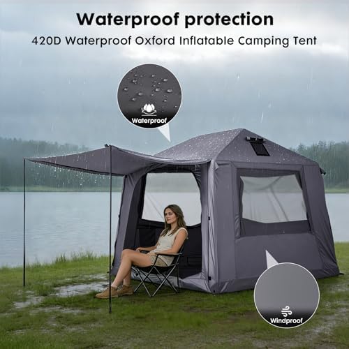 Inflatable Camping Tent with Electric Air Pump - 420D Heavy Duty Oxford - 5 Min Auto-Inflation - Panoramic Stargazing Skylight - 4 Season Luxury Glamping Cabin, 4-10 Person Multiple Sizes