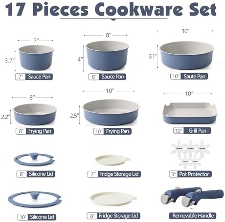 SENSARTE 17 Piece Ceramic Detachable Handle Pots and Pans Set Navy