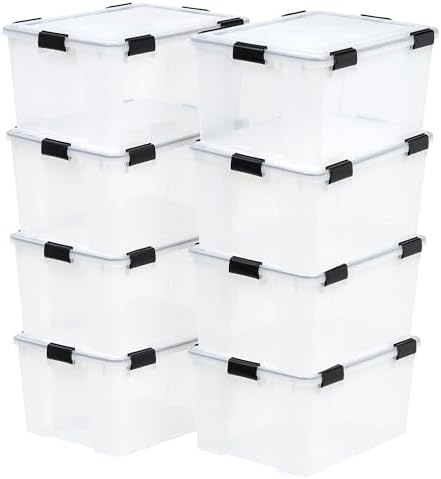 IRIS USA 8 Pack WeatherPro 62.8 Quart Stackable Storage Tote Bins, Plastic Gasket Box with Tight Latching Lids and Seal, Clear/Black