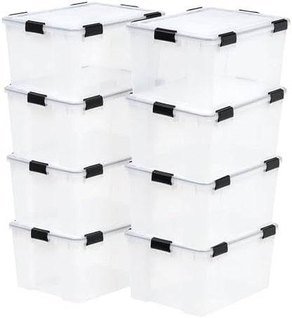 IRIS USA 8 Pack WeatherPro 62.8 Quart Stackable Storage Tote Bins, Plastic Gasket Box with Tight Latching Lids and Seal, Clear/Black