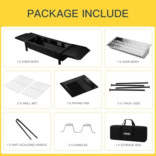 comzenz 35’’ Portable Charcoal Grill Folding BBQ Grill for Outdoor Grilling Cooking Camping Hiking Picnics Tailgating Backpacking Party, With Storage Bag & Non-Stick Frying Pan, Matte Black