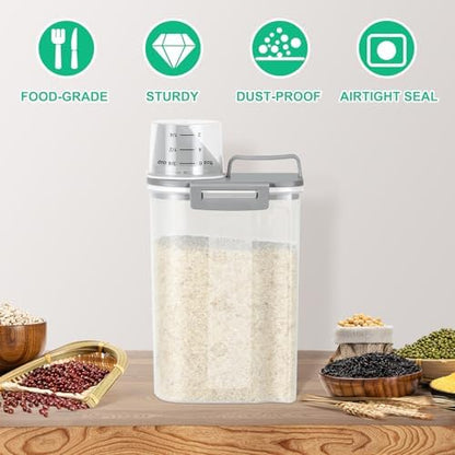 TBMax Rice Storage Container 2 Pack, Plastic Kitchen Pantry Food Storage Container with Cup, Small Pet Dog Cat Food Container Dispenser-Grey