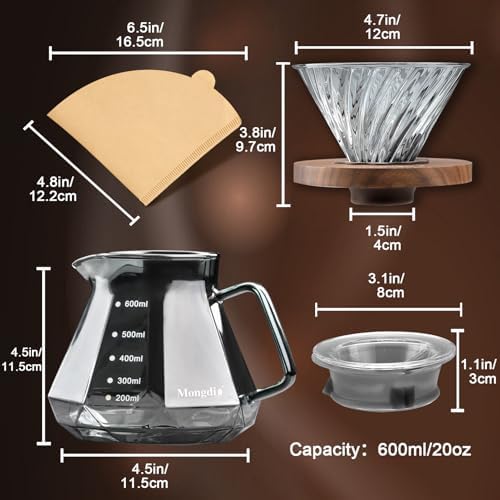 Mongdio Pour Over Coffee Maker, 20 oz Glass Coffee Maker, 600ml, Gray