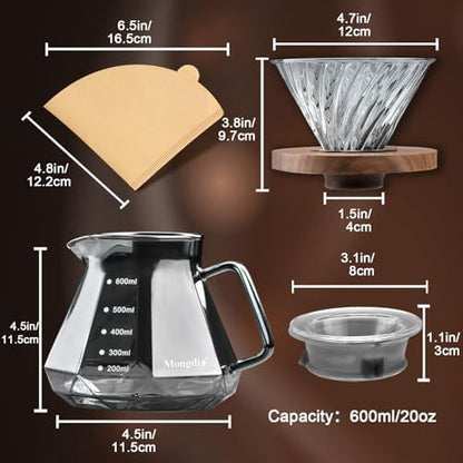 Mongdio Pour Over Coffee Maker, 20 oz Glass Coffee Maker, 600ml, Gray
