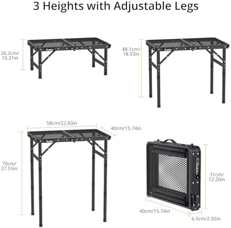 Anbte Folding Grill Table, Aluminum Camping Table Adjustable Height Max 27.5" Picnic Table Outdoor Table, Lightweight, Portable Handle for Travel Cooking BBQ Picnic, 22.8" x 16", Black