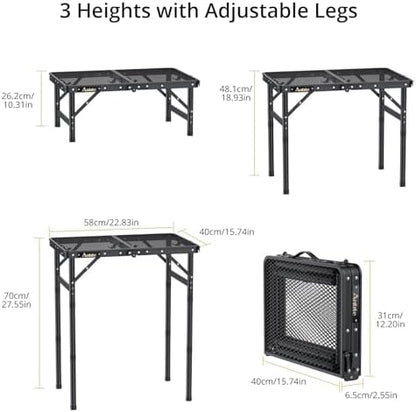 Anbte Folding Grill Table, Aluminum Camping Table Adjustable Height Max 27.5" Picnic Table Outdoor Table, Lightweight, Portable Handle for Travel Cooking BBQ Picnic, 22.8" x 16", Black