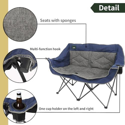 Northroad Folding Loveseat Camping Chair Portable Double Duo Full Padded Garden Chair for 2 Person Sofa w/ 2 Cup Holder,Wine Glass Holder,Mesh Storage,Support 500lbs for Picnic Beach Travel(Blue)