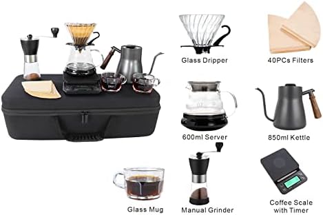 SOTECH Pour Over Coffee Maker Set includes a manual grinder, a hand brewing pot, a drip pot, a glass pot, filter paper, and a portable travel bag, suitable for outdoor camping.