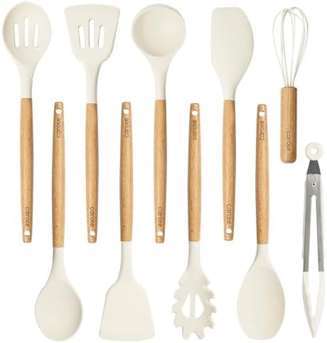CAROTE 10-Piece Kitchen Utensils Set with Wood Cool-Touch Handles, Cream