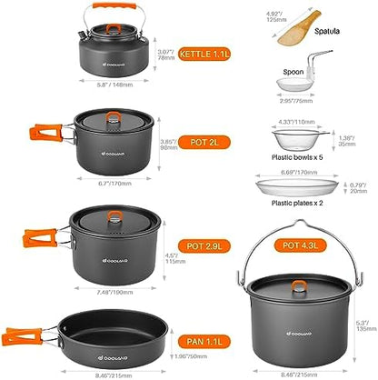 Odoland 18pcs Camping Cookware Large Size Hanging Pot Pan Kettle Set with Plastic Plates Bowls Soup Spoon for Camping, Backpacking, Outdoor Cooking and Picnic