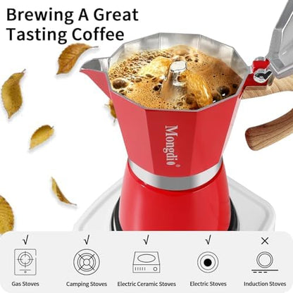 Mongdio Stovetop Espresso Maker Moka Pot, Cuban Coffee Maker Stove top coffee maker Moka Italian Espresso Greca Coffee Maker Brewer Percolator, 12 Espresso Cups, 20 oz - Red