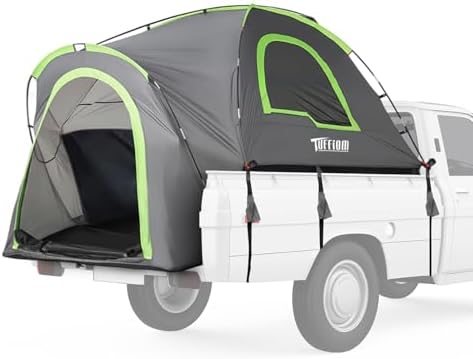 TUFFIOM 5.5-6ft Pickup Truck Tent for Camping, Truck Bed Tent with Reinforcement Fiberglass Poles, PU2000mm Waterproof and Rainfly for 2 People, Easy Set Up, Good Ventilation, Green
