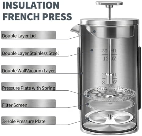 Small French Press, 12 oz French Press Coffee Maker, Mini Prensa Francesa for 2 Cups, Portable Stainless Steel Travel French Press, Single Serve for Home Office Camping