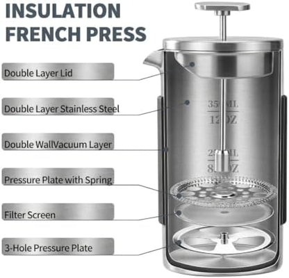 Small French Press, 12 oz French Press Coffee Maker, Mini Prensa Francesa for 2 Cups, Portable Stainless Steel Travel French Press, Single Serve for Home Office Camping