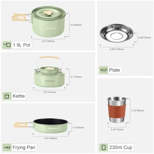 Odoland 15pcs Camping Cookware Mess Kit, Lightweight Pot Pan Kettle Set