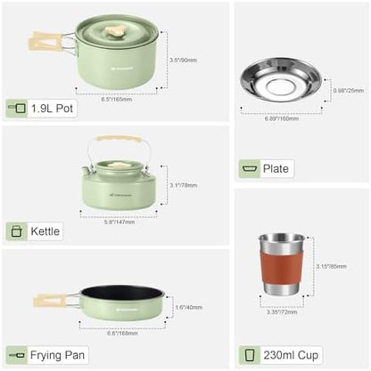 Odoland 15pcs Camping Cookware Mess Kit, Lightweight Pot Pan Kettle Set
