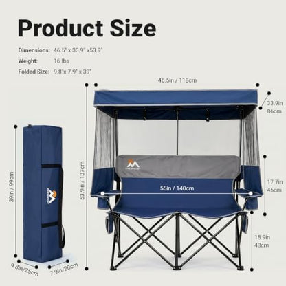 Overmont Camping Chair with Canopy- Folding Double Loveseat Chair with Adjustable Shade