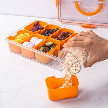 WACOI Divided Snack Serving Tray with Lid and Handle Travel Snackle Charcuterie Container Portable Storage Organizer for Candy, Fruits, Nuts, Snacks, Party, Picnic (1pack, Orange)