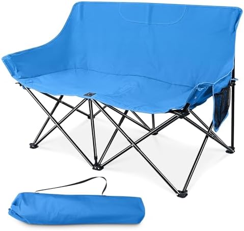 HaSteeL Folding Camping Chair, Portable Double Outdoor Loveseat for 2 Adults Person, Durable Foldable Collapsible Chairs for Camp Patio Picnic Beach Travel, Support 600Lbs, for Women & Men, Blue