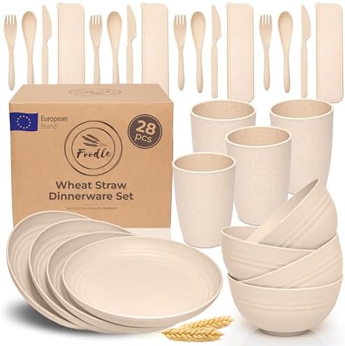 FOODLE Wheat Straw Dinnerware Set - Picnic, Camping Plates Cups and Bowls