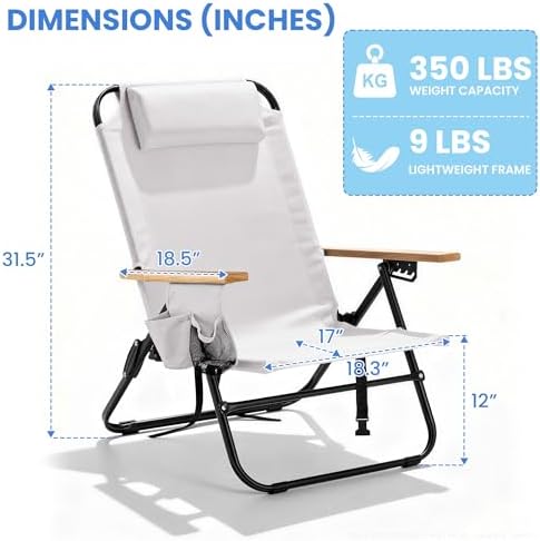 2 Pack Premium 5-Position Reclining Camping Chair - Portable Folding Lightweight Outdoor Chair with Wooden Armrests, Headrest & Pockets, 350lbs Heavy Duty for Beach, Patio, Cream White