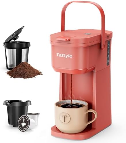 Tastyle Single Serve One Cup Coffee Maker, for K Cups and Grounds, Mini Coffee Maker with Portable Handle, 6 to 12 Oz Brew Size, for Travel, Camping, Office, RV and Dorm, 120V, Salmon Pink