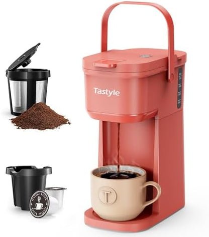 Tastyle Single Serve One Cup Coffee Maker, for K Cups and Grounds, Mini Coffee Maker with Portable Handle, 6 to 12 Oz Brew Size, for Travel, Camping, Office, RV and Dorm, 120V, Salmon Pink