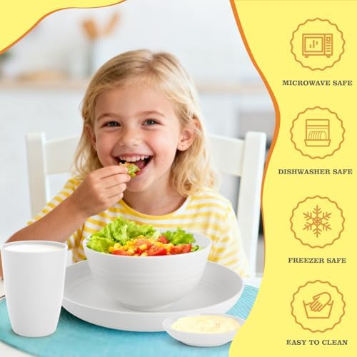 Wheat Straw Plates and Bowls Sets of 16，Unbreakable Dinnerware Sets for 4, Microwave & Dishwasher Safe Kids Dish Set for Kitchen, Outdoor, Camping, Party, RV- White