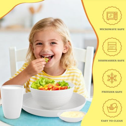 Wheat Straw Plates and Bowls Sets of 16，Unbreakable Dinnerware Sets for 4, Microwave & Dishwasher Safe Kids Dish Set for Kitchen, Outdoor, Camping, Party, RV- White