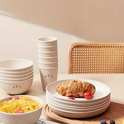 24 Pcs Wheat Straw Dinnerware Sets for 6- Unbreakable Reusable Plates and Bowls Sets Lightweight BPA Free Dishwasher, Microwave Safe Bowls and Cups- Camping Dishes for Dessert with Bowls