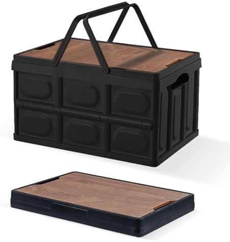 2 PCS Collapsible Storage Bins Box with Lids and Handle, 30L 8Gal Portable Storage Crate Containers Totes, Instacrate Stackable Foldable Camping Basket Supplies for Fishing Car RV, Office (Black)