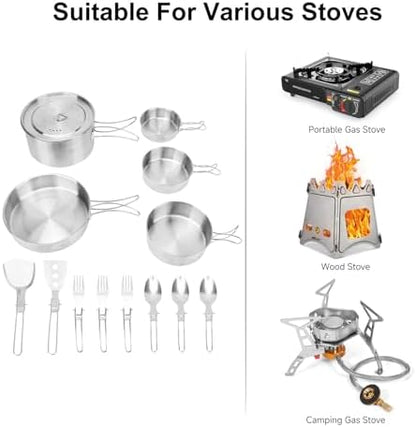 13 Piece Camping Cookware Set Stainless Steel Pots and Pans Set with Folding Forks Spoons Spatulas, Portable Lightweight Camping Mess Kit for Backpacking, Outdoor Cooking