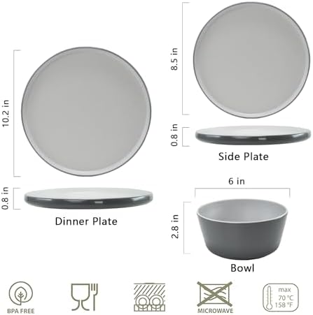Melamine Dinnerware Sets, Dishware Sets for 4, Light Grey,White