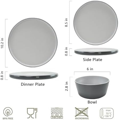 Melamine Dinnerware Sets, Dishware Sets for 4, Light Grey,White
