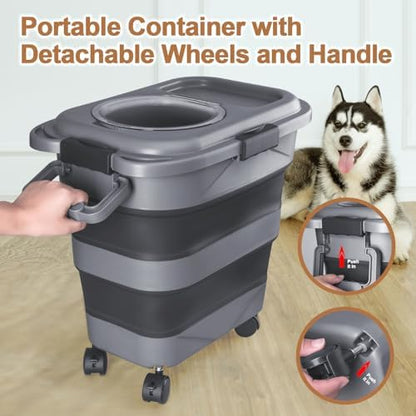 Dog Food Storage Container，23-25 lbs Airtight Collapsible Cat Food Storage Container with Attachable Wheels, Portable Handle, Dog Food Scoop for Dog Cat Bird Pet Dry Food Storage Bin Dark Grey
