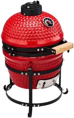 13" Portable Round Ceramic Charcoal Grill,Outdoor Barbecue Smoker,Heavy Duty Outdoor BBQ Grill,Vertical Camping Barbecue Grill,with Built-in Thermometer,for Garden Patio Beach Backyard (Red)