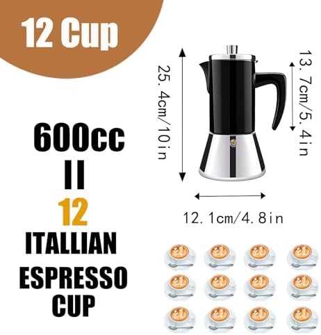 12 Cup Thickened 304 Stainless Steel Moka Pot Stovetop Espresso Maker Cafeteras Italian Percolator Espress Makers Capable Greca Mocha Coffee Machine for Induction Home and Camping 600ml 20oz