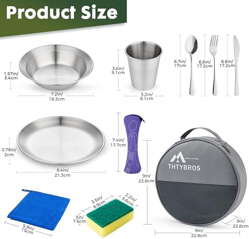 Stainless Steel Camping Mess Kit for 1-4 People,All-in-One Camping Cookware & Tableware Set with Plates,Bowls, Cups,Cutlery & Carry Bag,Outdoor Cooking Utensils for Camping,Backpacking,Hiking, Picnic