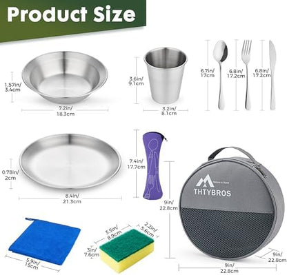 Stainless Steel Camping Mess Kit for 1-4 People,All-in-One Camping Cookware & Tableware Set with Plates,Bowls, Cups,Cutlery & Carry Bag,Outdoor Cooking Utensils for Camping,Backpacking,Hiking, Picnic