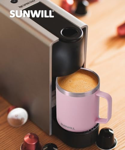 SUNWILL Insulated Coffee Mug with Lid, Travel Tumbler Reusable, 14 oz Stainless Steel Cup for Camping, Office, Home, Powder Coated Sakura